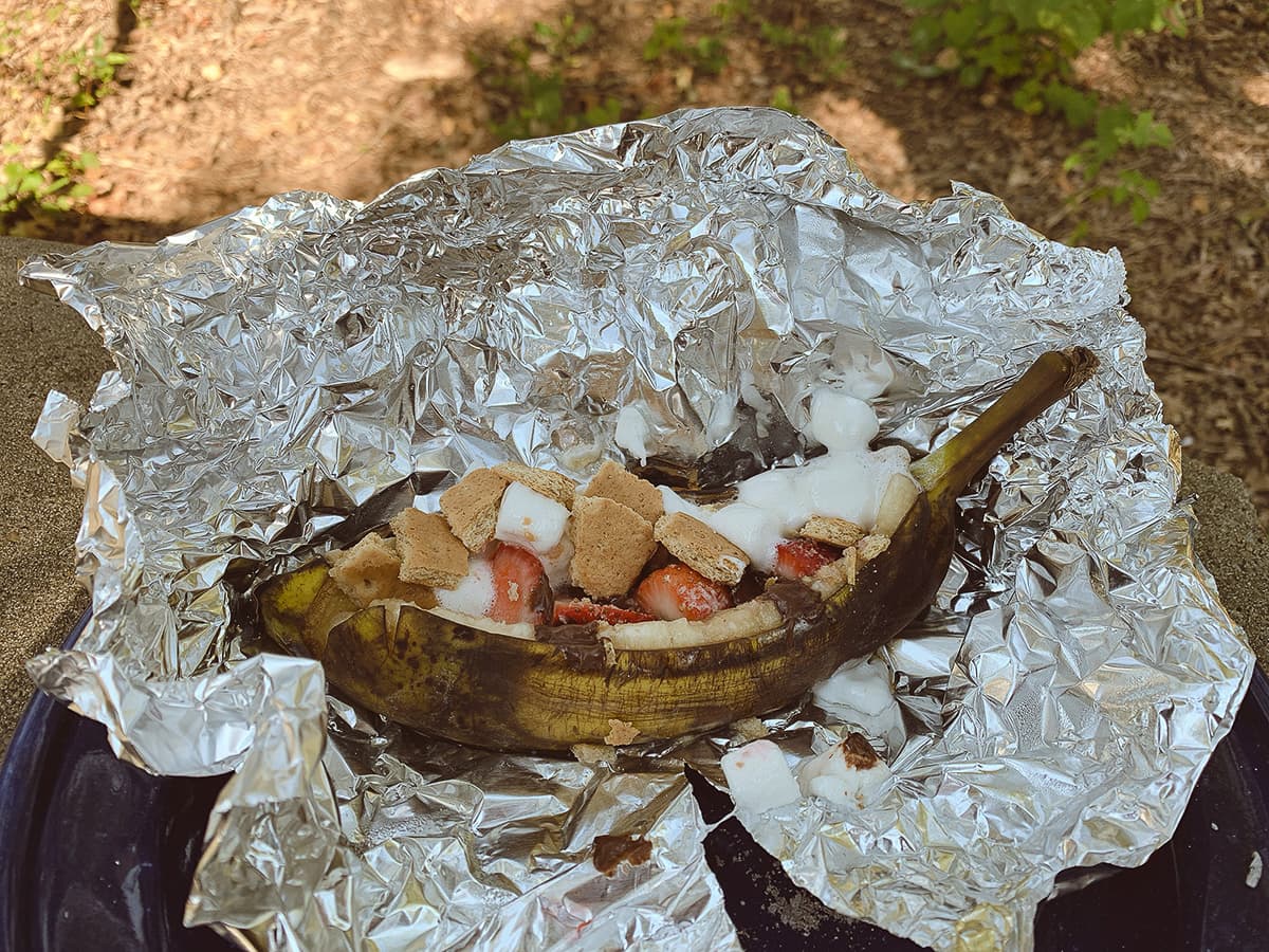 campfire banana smores in foil