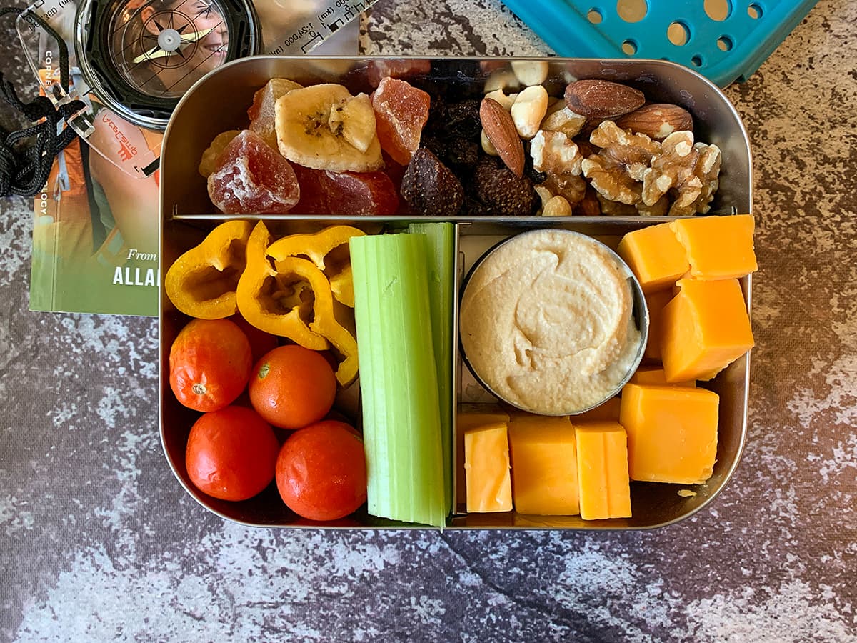high protein snack box in steel bento box
