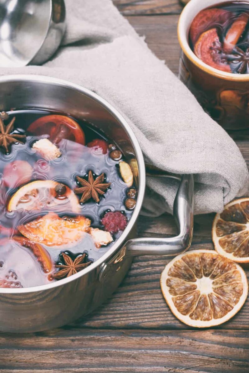 spiced red wine with spices in pot