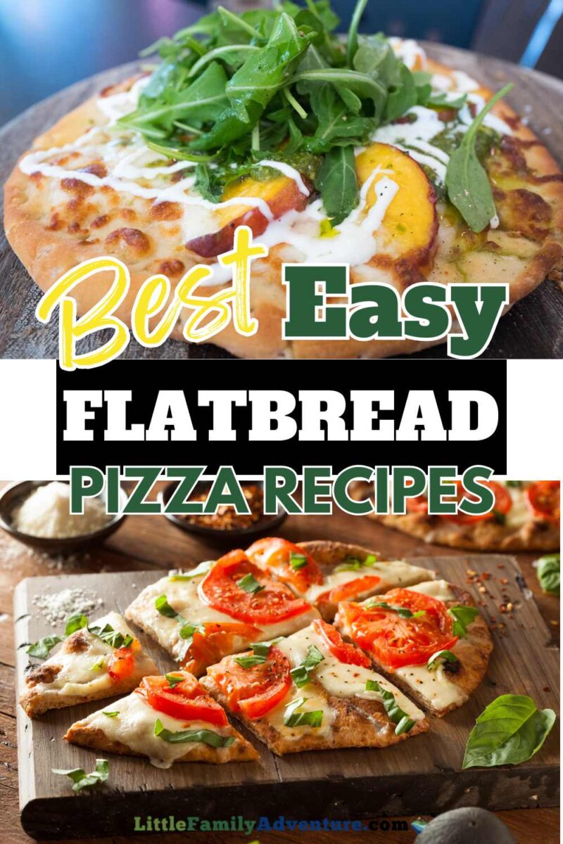 Peach and arugula flatbread pizza with margherita flatbread pizza on wooden cutting board with herbs and spices in background