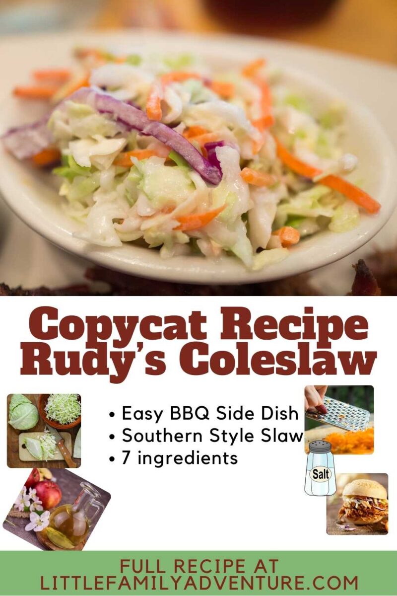 white bowl of Rudy's coleslaw with cabbage, carrots, and dressing