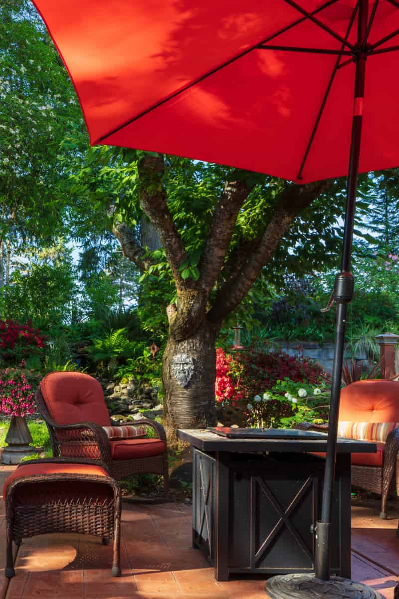backyard seating area with umbrella