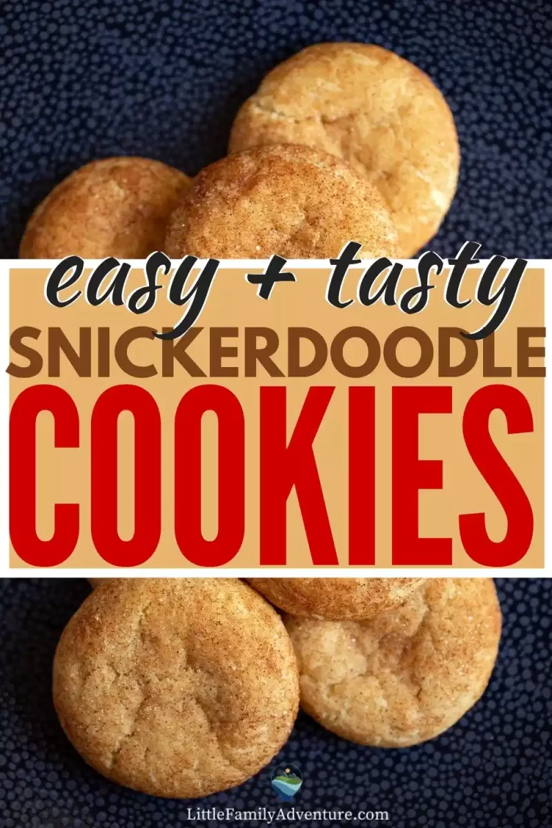 snickerdoodle cookies pile with text overlay