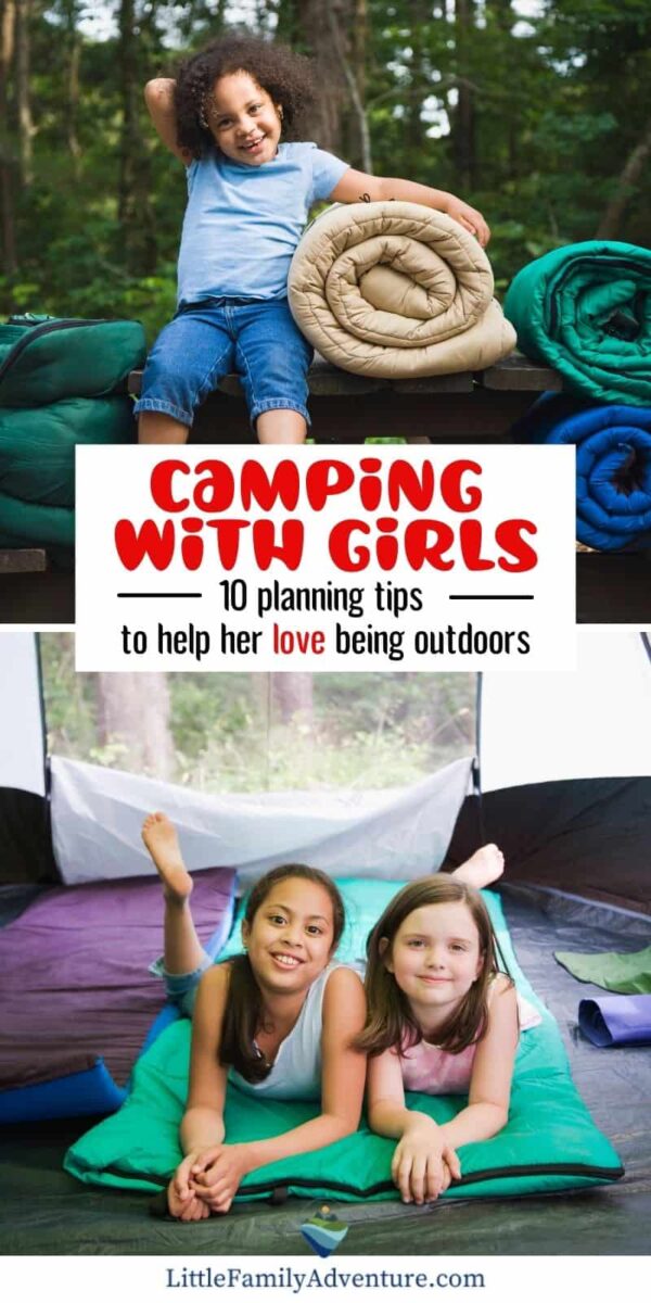 girls camping with sleeping bag and in tent