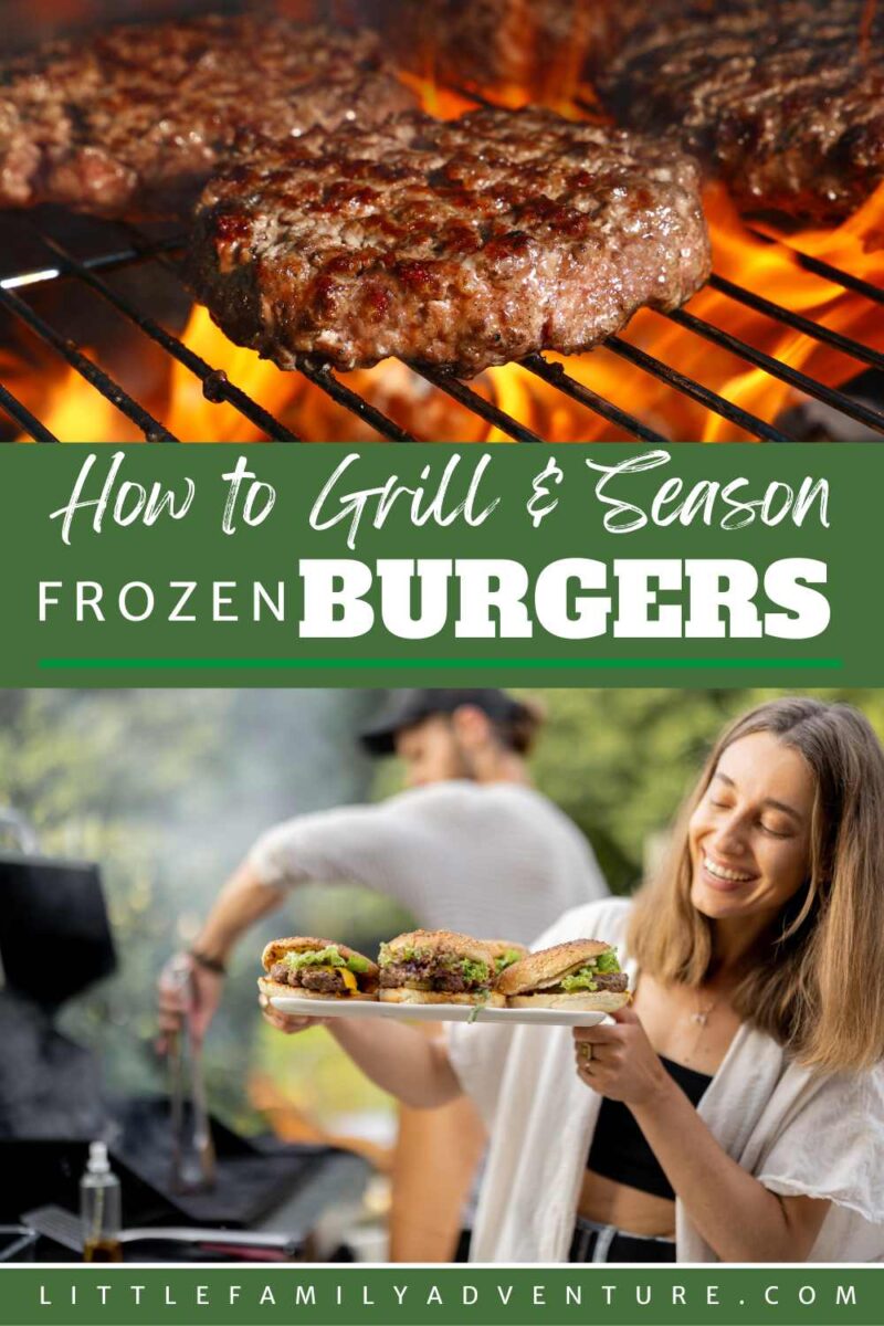 burgers on a grill with flames and woman holding plate of grilled burgers in backyard