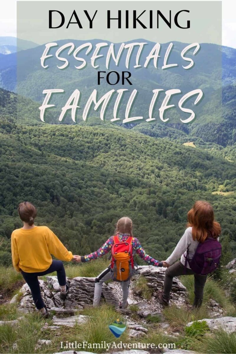 family standing on edge of mountain on day hike
