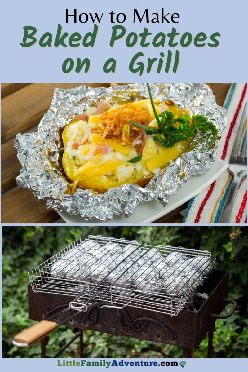 pinterest collage of baked potatoes in foil on the grill