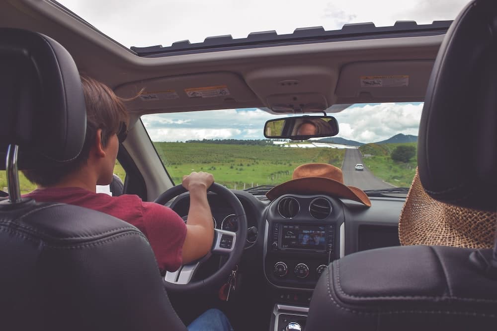 interior of car on country road