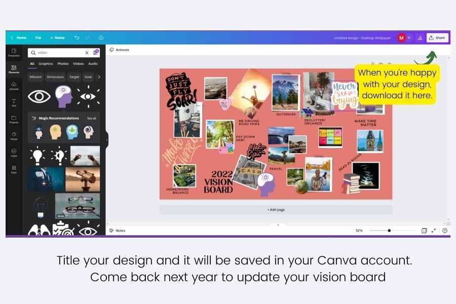 screenshot of finished vision board in canva