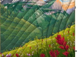 puffy blanket featuring national park design with wildflowers and mountains