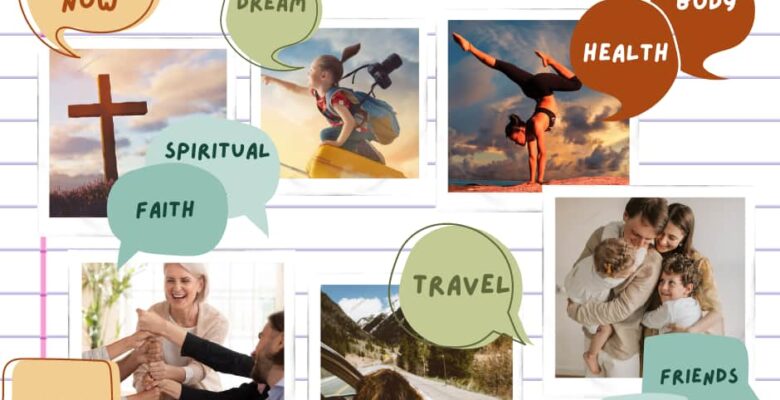 photo collage with categories for vision board
