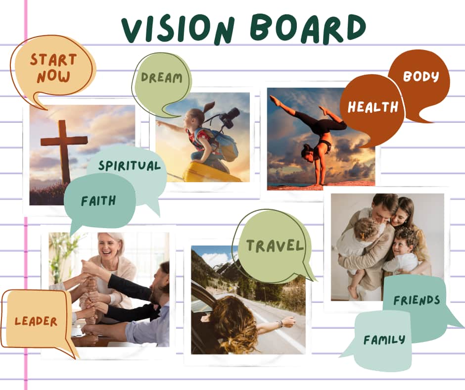 photo collage with categories for vision board