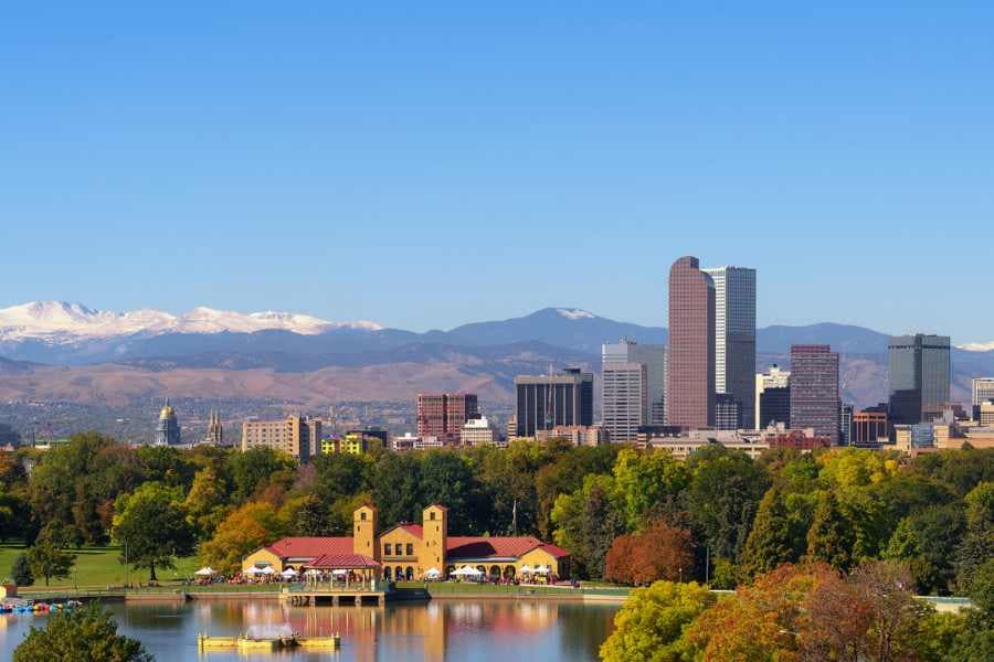 view of Denver skyline with Rocky Mountains in the background