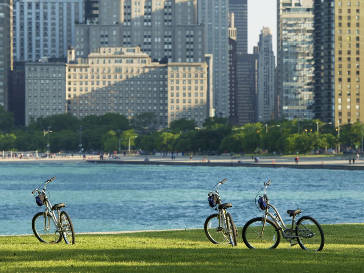 bicycles along water in chicago