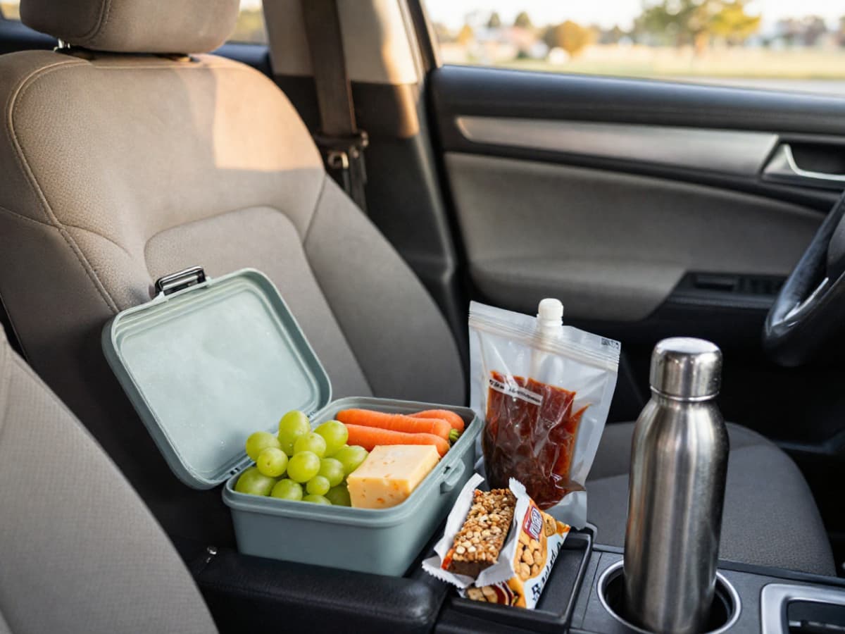 Road Trip Snack Flat Lay In Car Photo