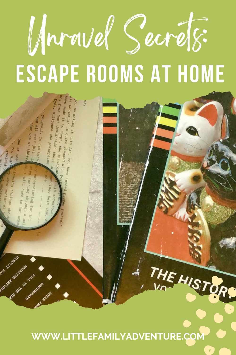 mystery books, magnifying glass, and game pieces for escape room at home subscription box