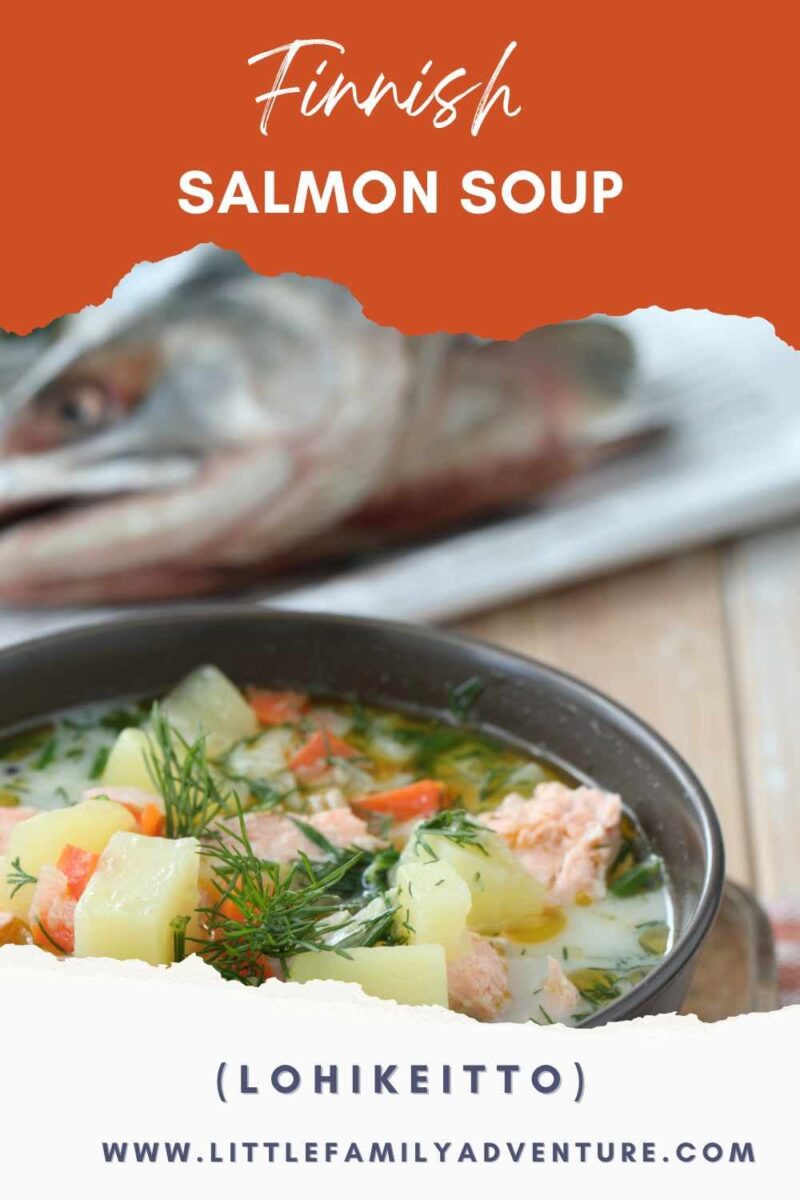 bowl of finnish salmon soup with potatoes, carrots, and dill