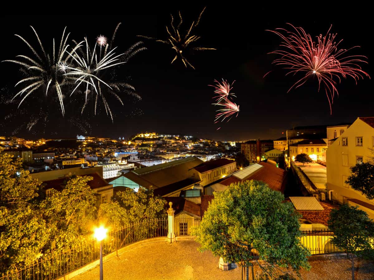 Lisbon at night with view of fireworks over Miradouro Bairro Alto to the castle Castelo de San Jorge