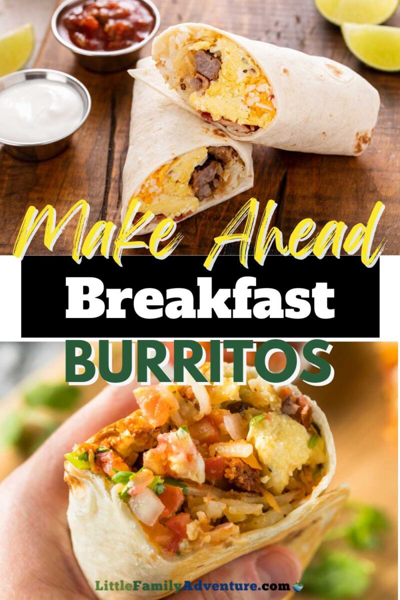 make ahead breakfast burritos with salsa, eggs, sausage, and cheese