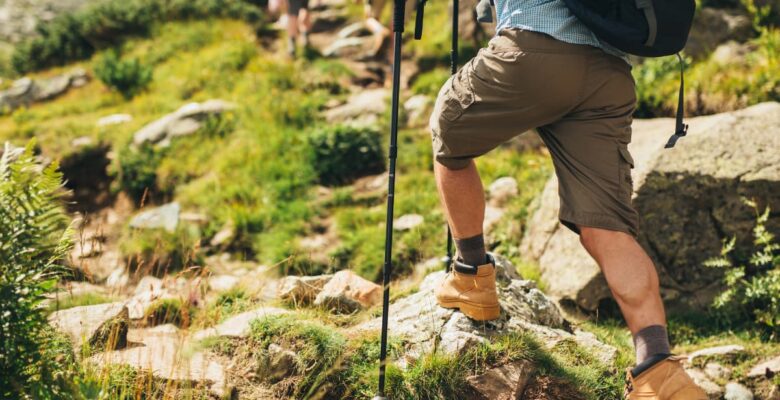 group of people hiking up