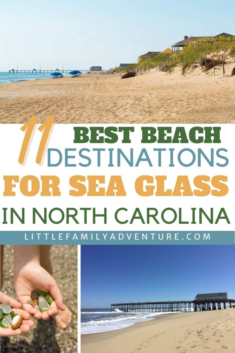 collage of beach destinations for sea glass in north carolina with woman holding sea glass and two popular beach piers