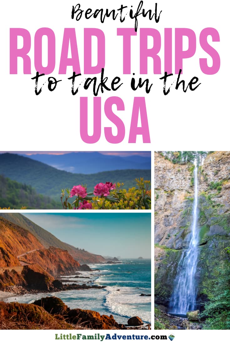 beach, mountains, and waterfall along road trip routes in USA