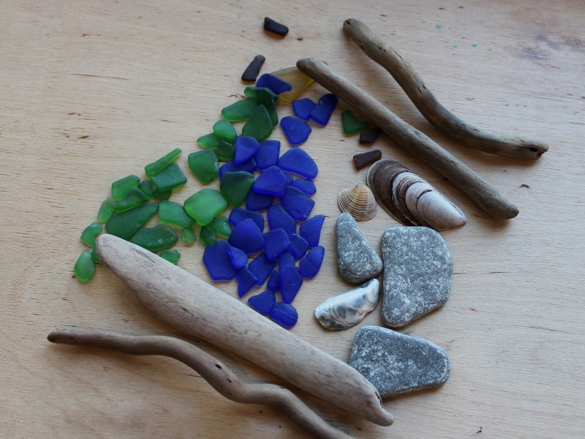 sea glass, shells, and driftwood