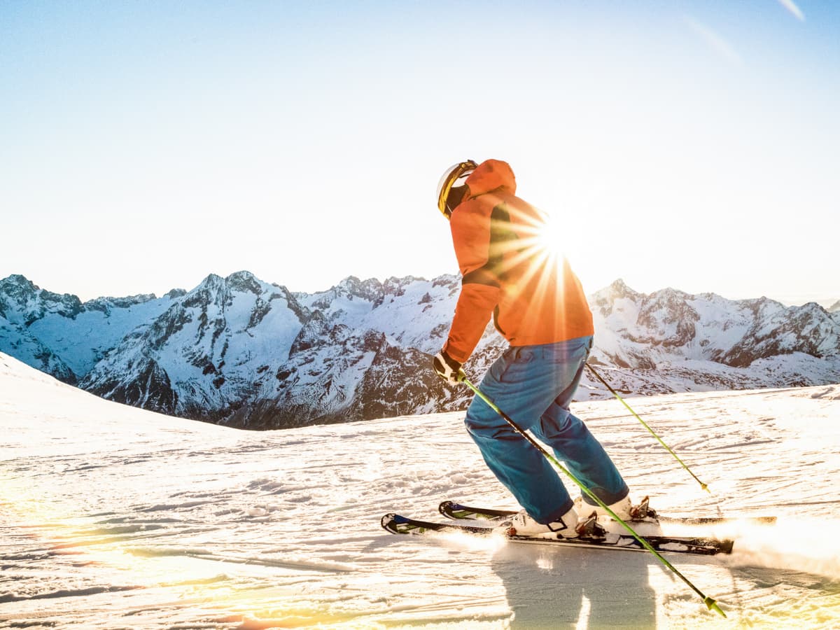 skier at sunset in French Alps