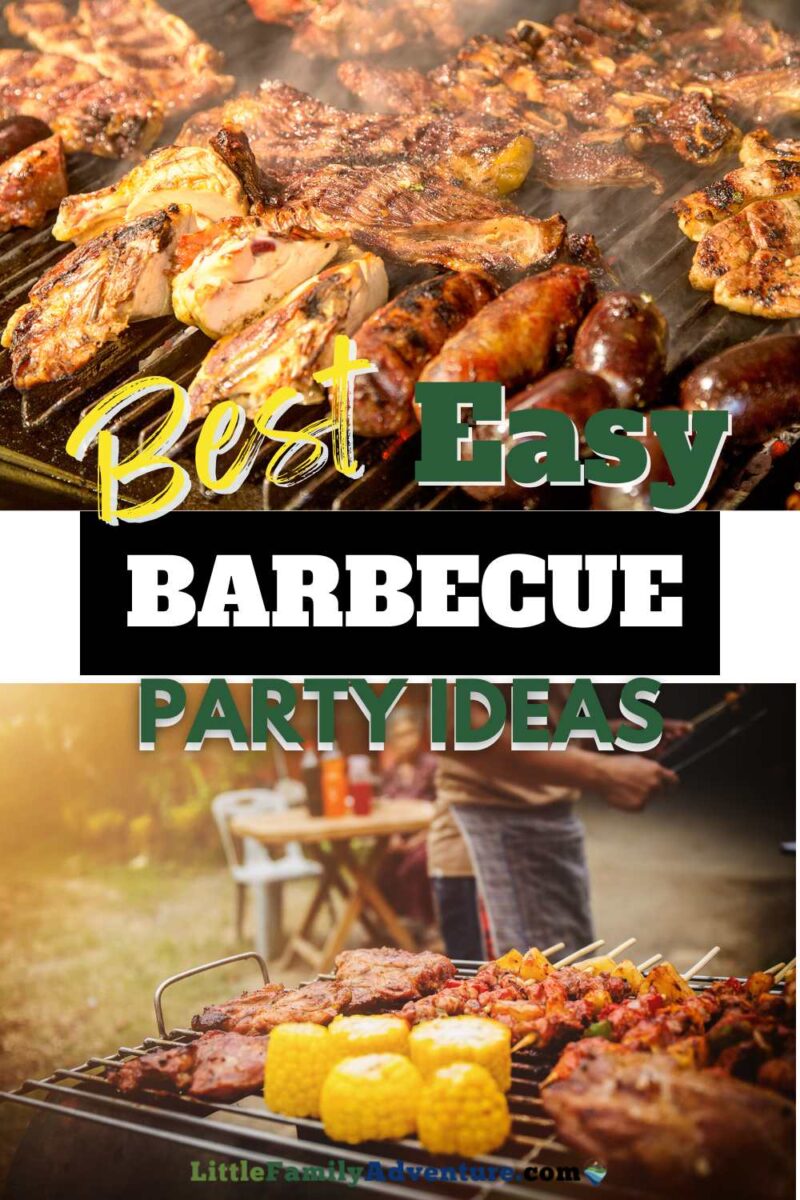 meats on grill and man standing next to grill with a variety of fruits, vegetables, and meats in backyard