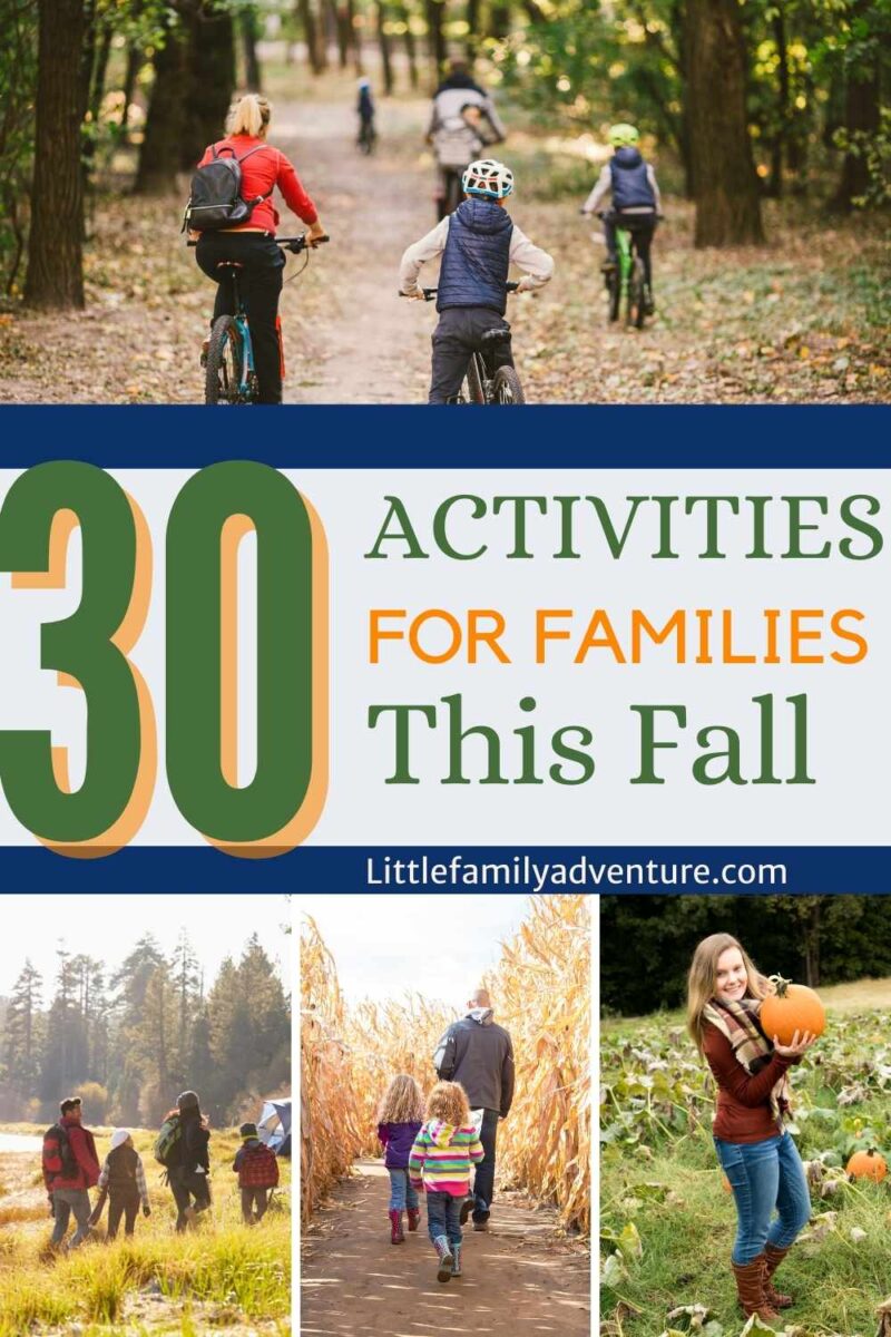 collage of fall family activities such as a pumpkin patch, hiking in the woods, camping, and bike riding