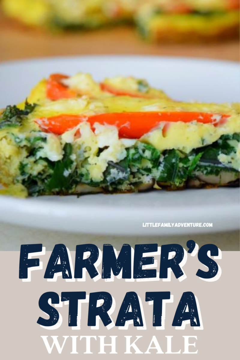 farmer's strata with kale, tomatoes, mushrooms and feta cheese on a white plate