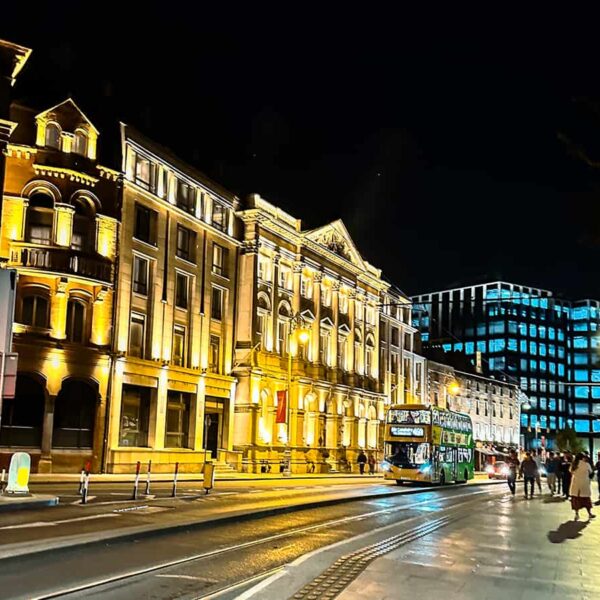 what to see in Dublin - cityscape at night with buildings and bus