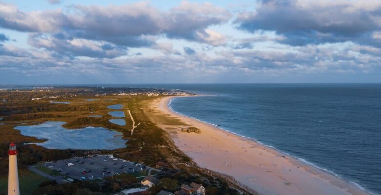 Aerial view of Cape May Lighthouse and coastline