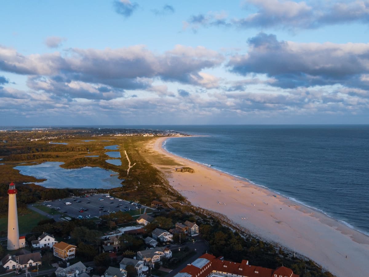 Aerial view of Cape May Lighthouse and coastline