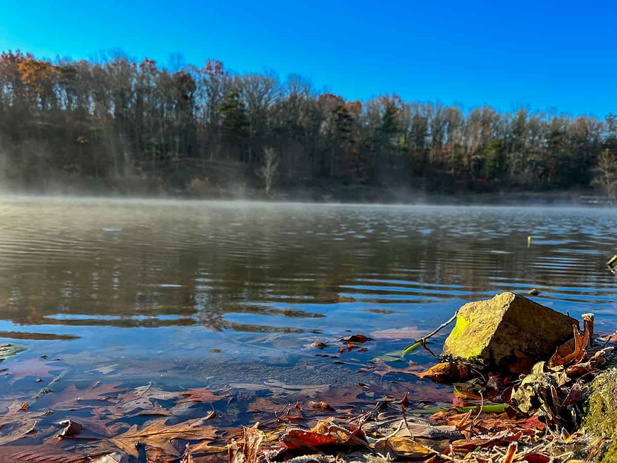 Pampas Pond with steam above water in November