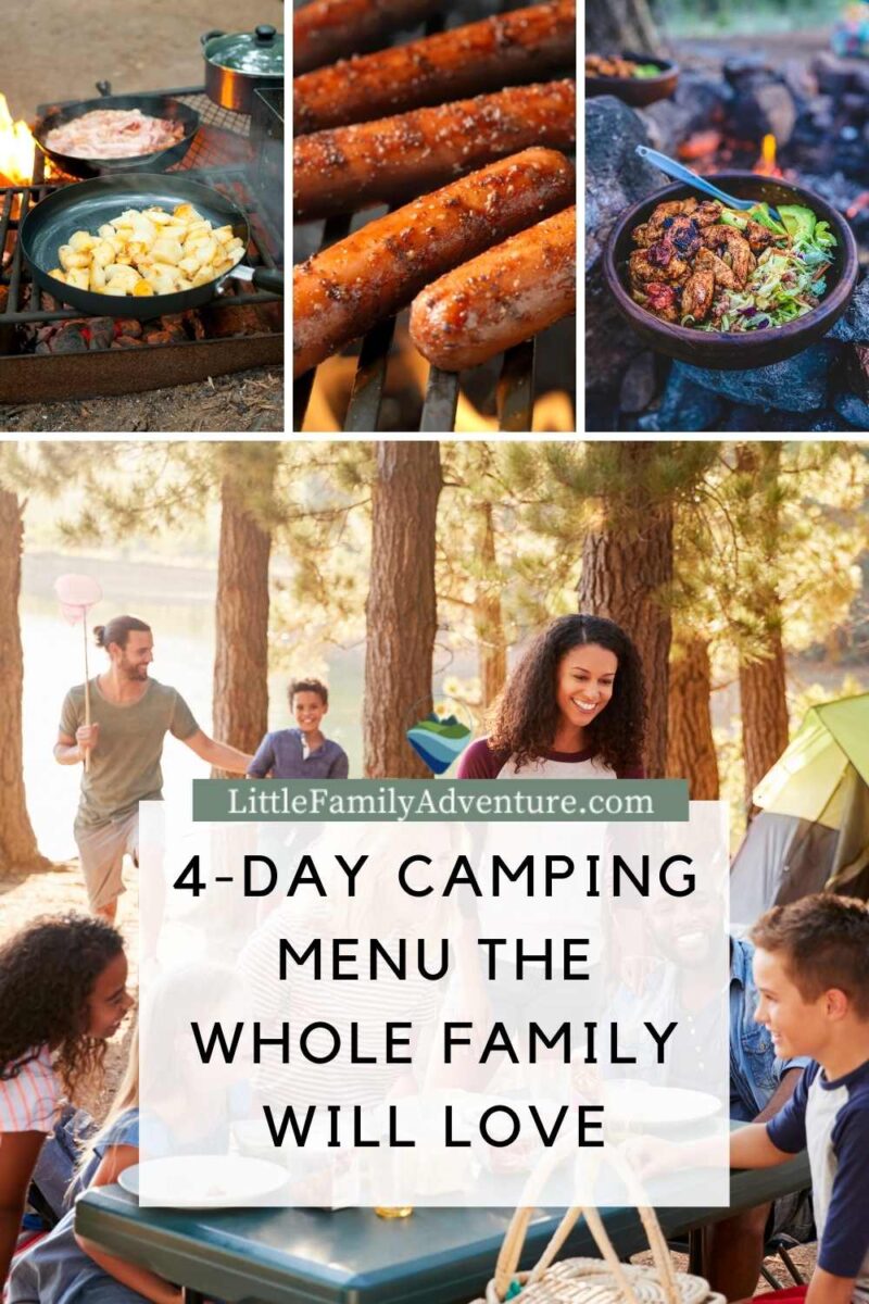 collage of camp food with potatoes, hot dogs, ham, and chicken and family gathering by campsite