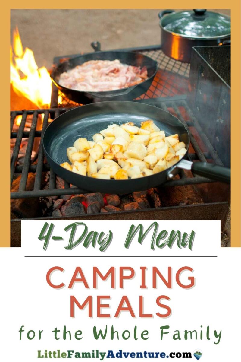 cast iron pans with potatoes and ham on campfire grate