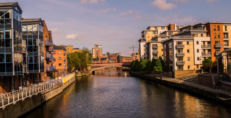 Leeds water view lined with buildings