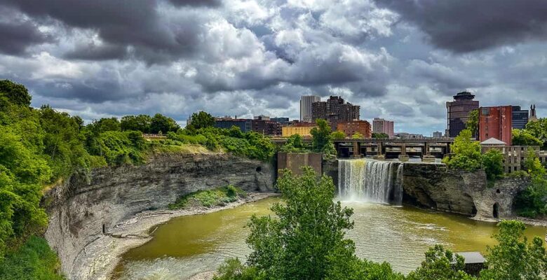 downtown waterfall and park