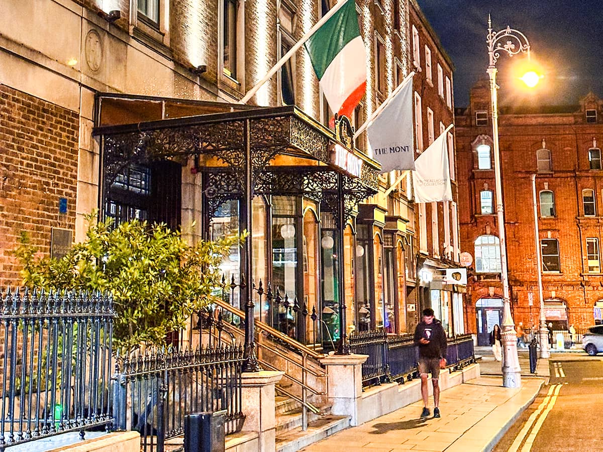 The Mont Hotel exterior with flags