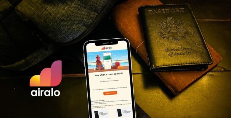 backpack, passport, and phone with airalo esim email shown