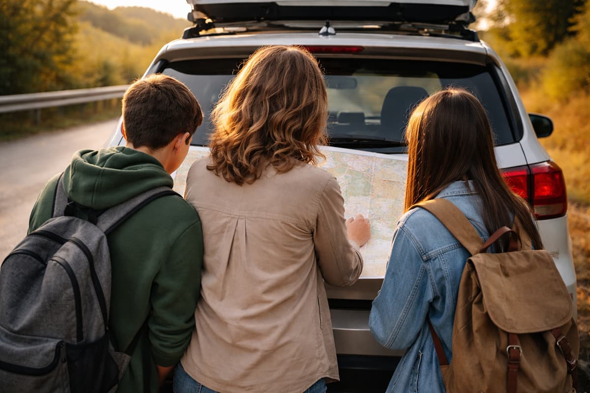 woman and teens looking at map