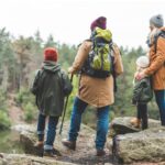 family hiking in woods