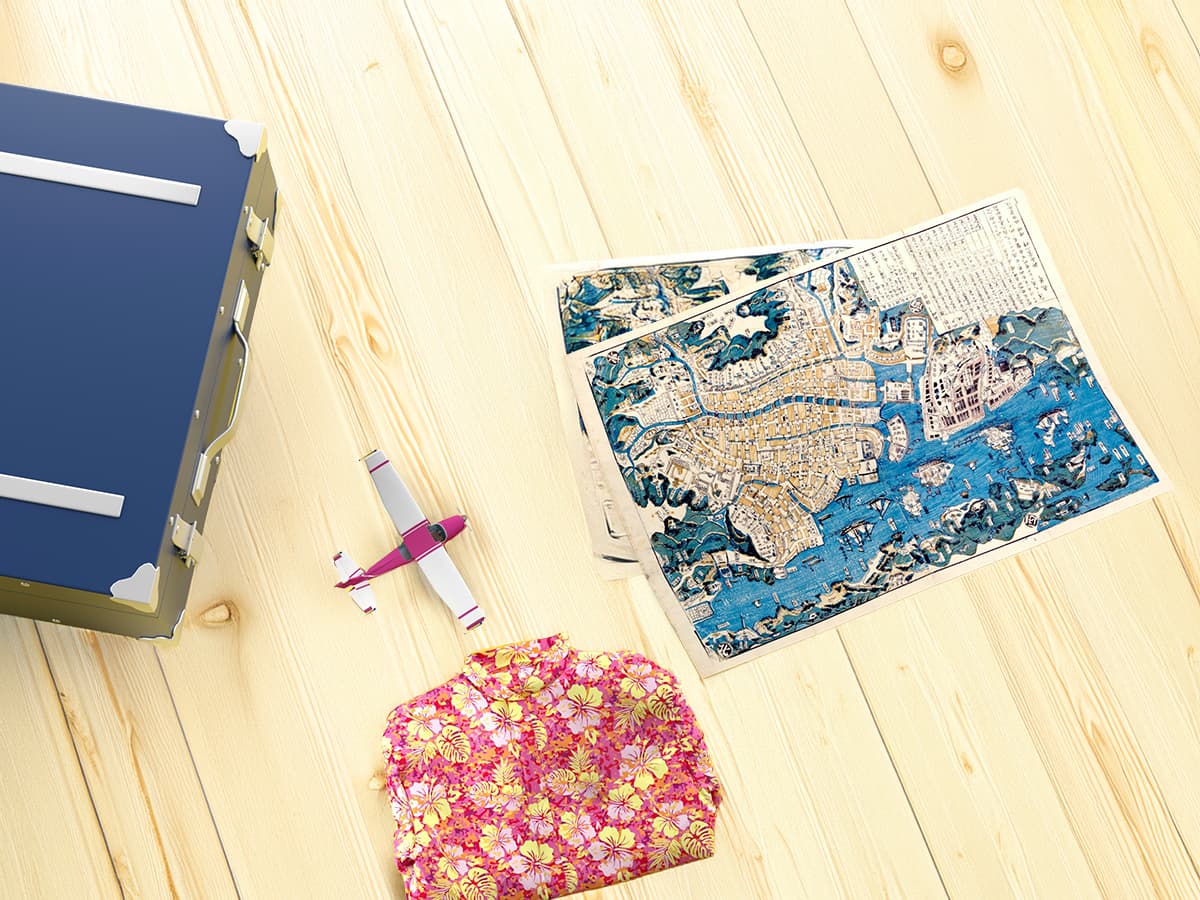 flatlay of travel map, book, plane, and floral shirt