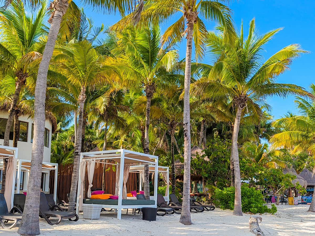 beach cabanas, palm beaches, and lush landscaping in Riviera Maya
