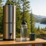 metal water filter on table with water bottle and cup outdoors in a forest