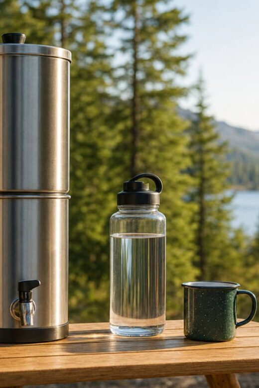 metal water filter on table with water bottle and cup outdoors in a forest