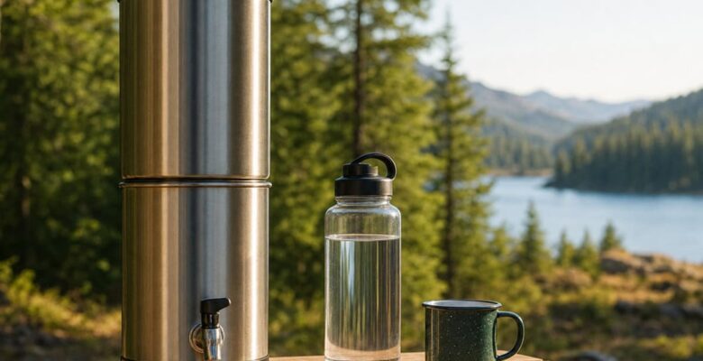 metal water filter on table with water bottle and cup outdoors in a forest