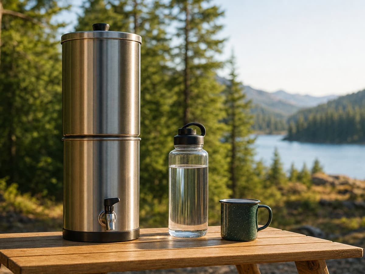 metal water filter on table with water bottle and cup outdoors in a forest