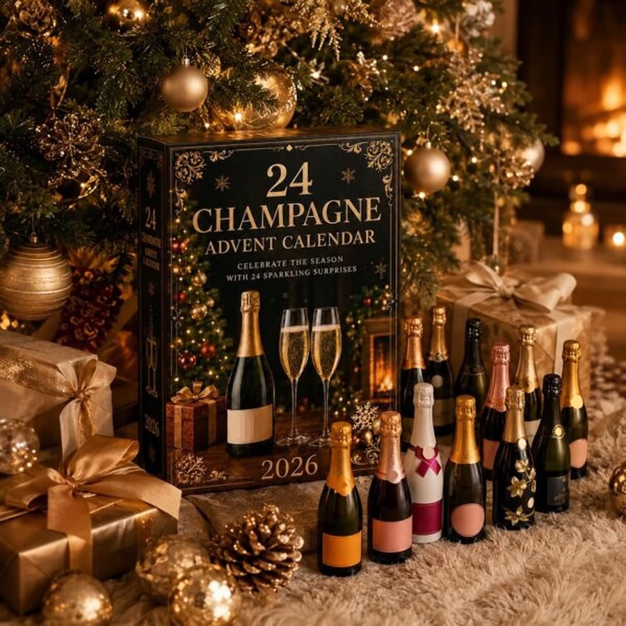 champagne trinkets and ornaments in front of box and christmas tree